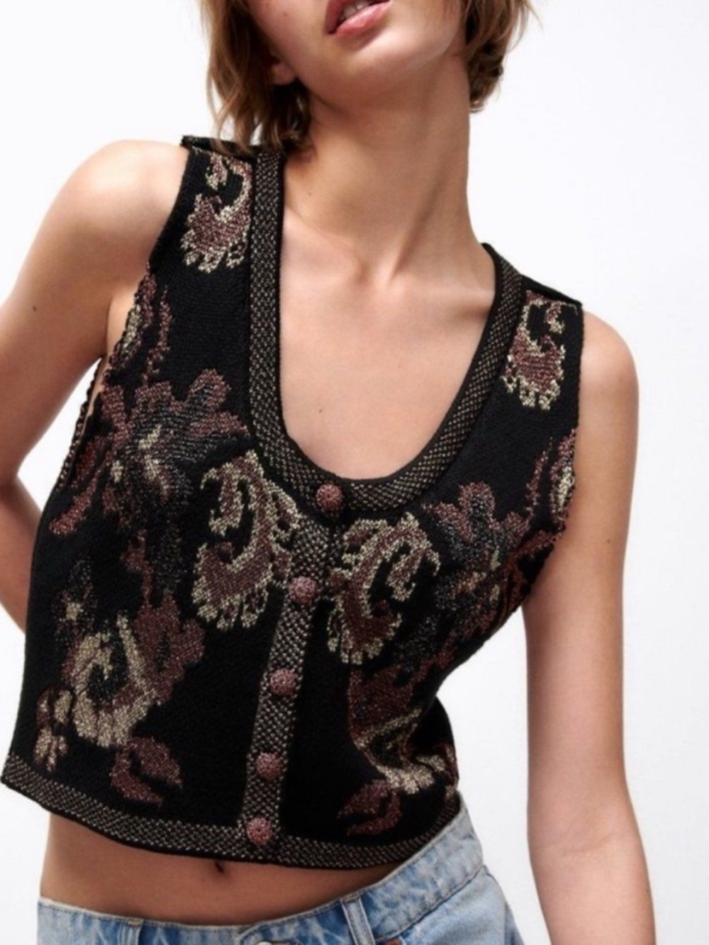 Zara Black Knit Button-Front Floral Vest with Pink and Cream Accents - Picture 8 of 9